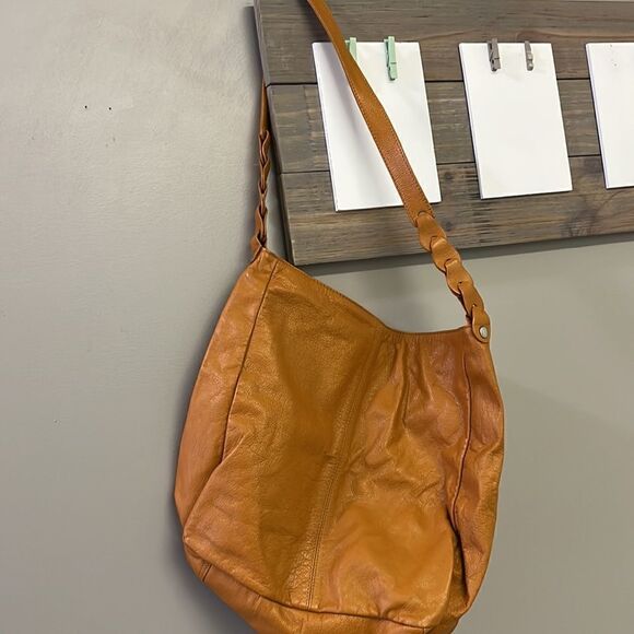 Genuine Leather Camel Shoulder Purse w/ Braided Accent & Silver-Tone Hardware - Picture 2 of 16